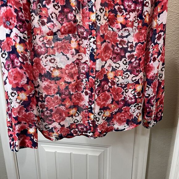 Express The Portofino Shirt Pink Floral Button Up Roll Tab Top Womens Size S - Picture 3 of 9